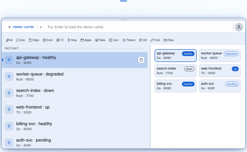 The demo-cards app in the Bolt launcher: a list of services with a grid of cards on the right. Sample data.