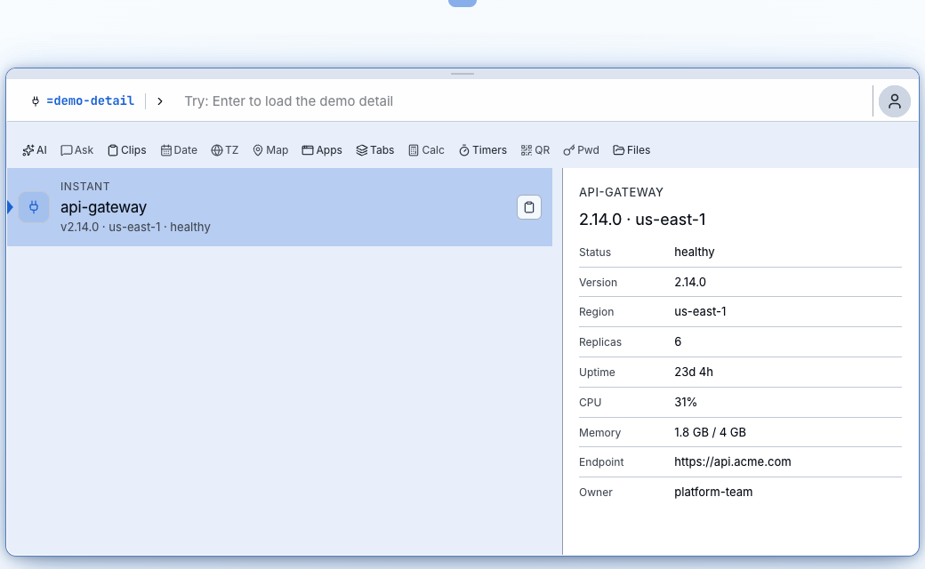 The demo-detail app in the Bolt launcher: a list of services with label and value pairs for the selected row. Sample data.