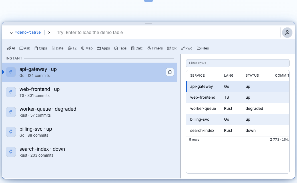 The demo-table app in the Bolt launcher: a list of services with a table of the same rows on the right. Sample data.